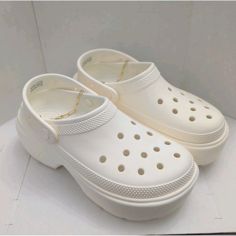 CROCS Stomp Clogs W/Gold Chain Sz 10 209347-0WV White Chalk Platform Lift